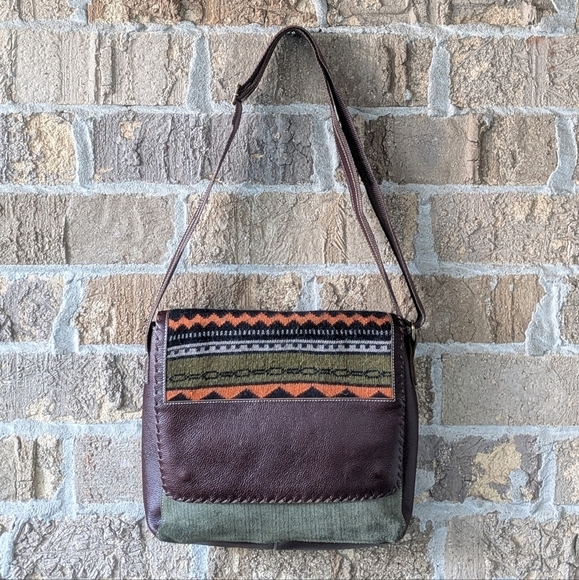 TRIBU Knit Leather Patchwork Boho Messenger Bag Brown Olive Green - Picture 1 of 11